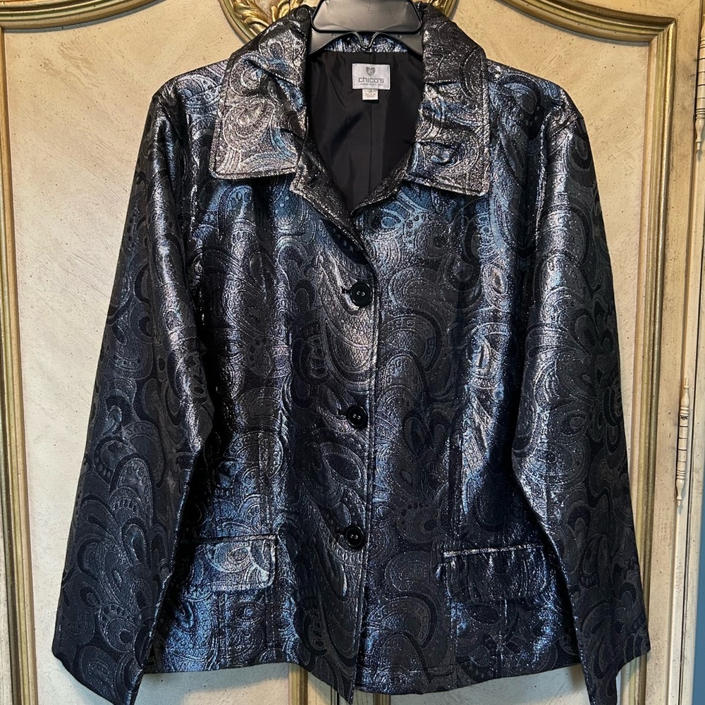 Chico’s 25th Anniversary Metallic Silver & Black Paisley Button Front Jacket